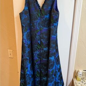 Adrianna Papell Navy, Royal Blue and Green Floral Jacquard Midi Dress